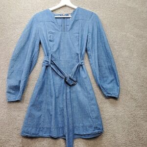 Free People Women Mini Dress XS Blue Denim Chambray Western Boho Belted Nautical